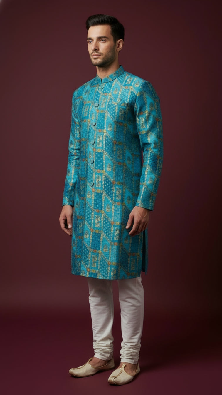 Turquoise Jacquard Indo-Western Kurta with Geometric Gold Weave