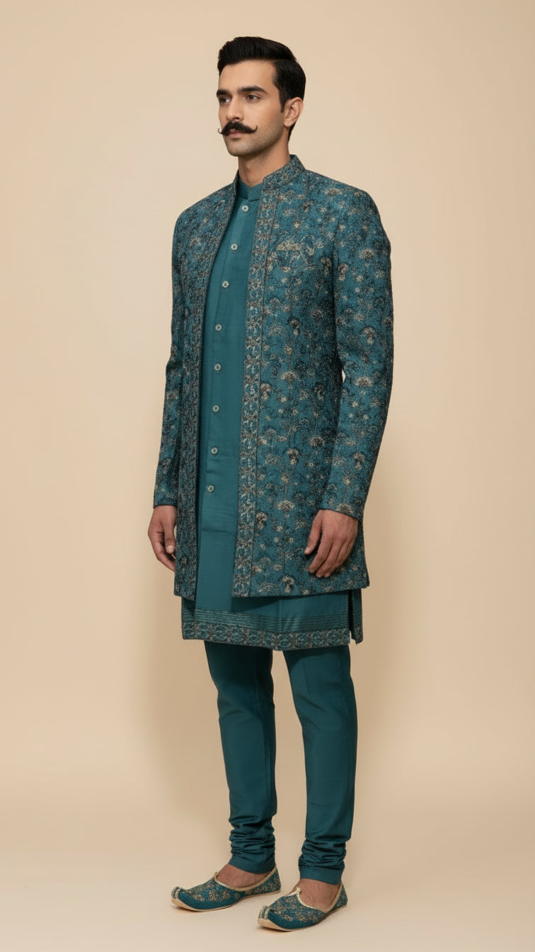 Teal Embroidered Indo-Western Sherwani Set with Handcrafted Jacket & Kurta