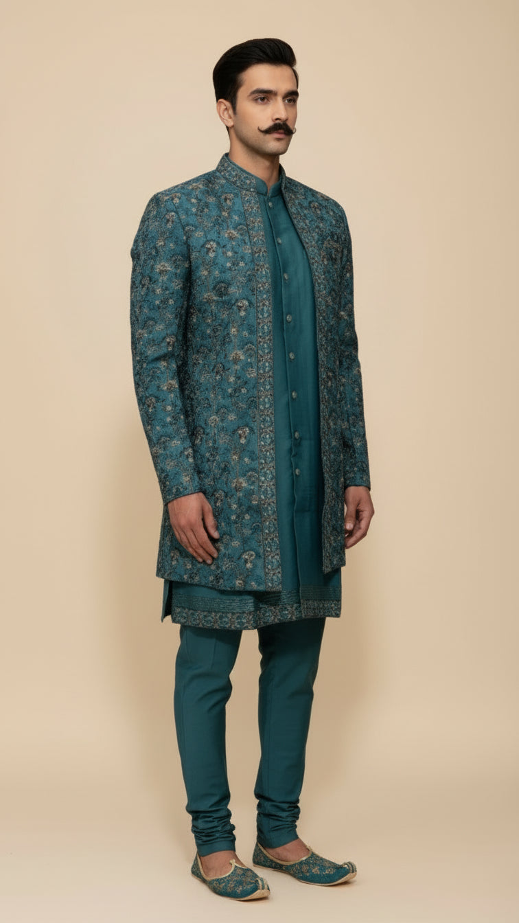 Teal Embroidered Indo-Western Sherwani Set with Handcrafted Jacket & Kurta