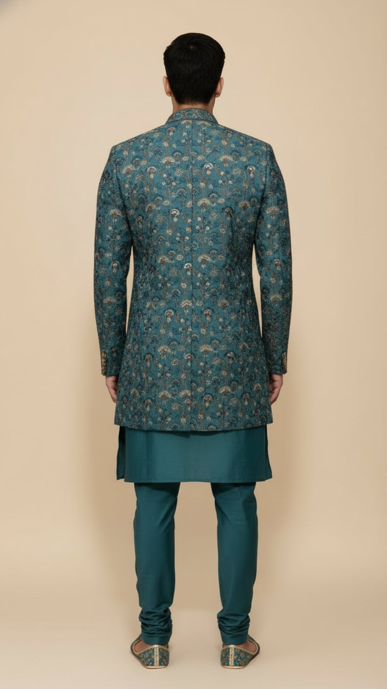 Teal Embroidered Indo-Western Sherwani Set with Handcrafted Jacket & Kurta
