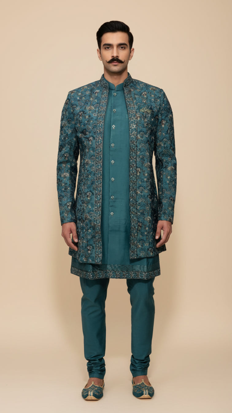 Teal Embroidered Indo-Western Sherwani Set with Handcrafted Jacket & Kurta