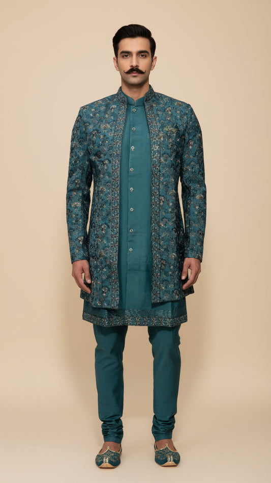 Teal Embroidered Indo-Western Sherwani Set with Handcrafted Jacket & Kurta