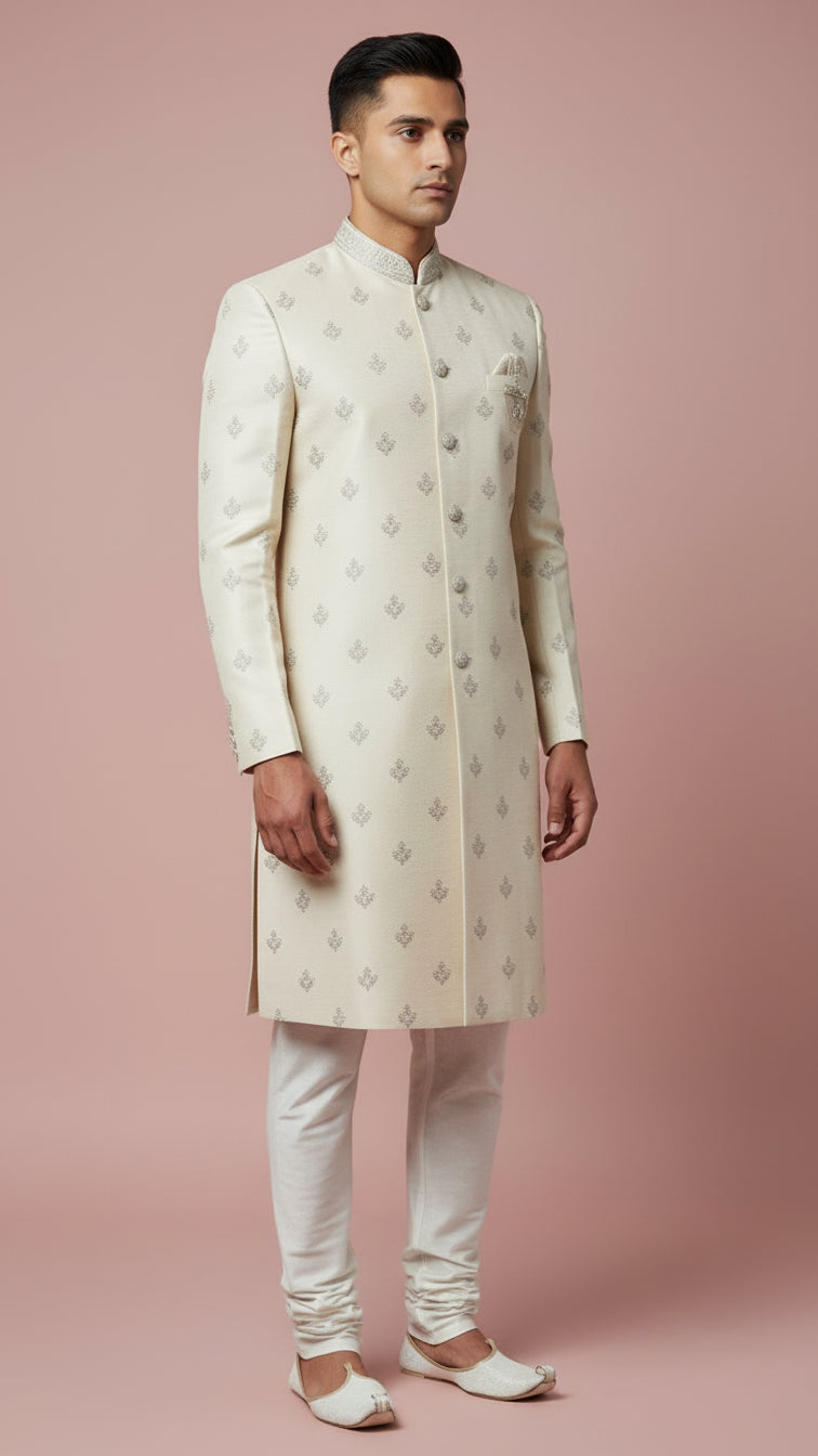 Ivory Textured Indo-Western Sherwani with Silver Thread Embroidery & Brooch Detail