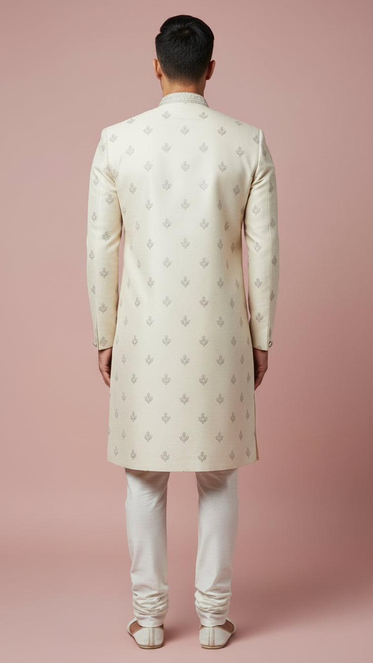 Ivory Textured Indo-Western Sherwani with Silver Thread Embroidery & Brooch Detail