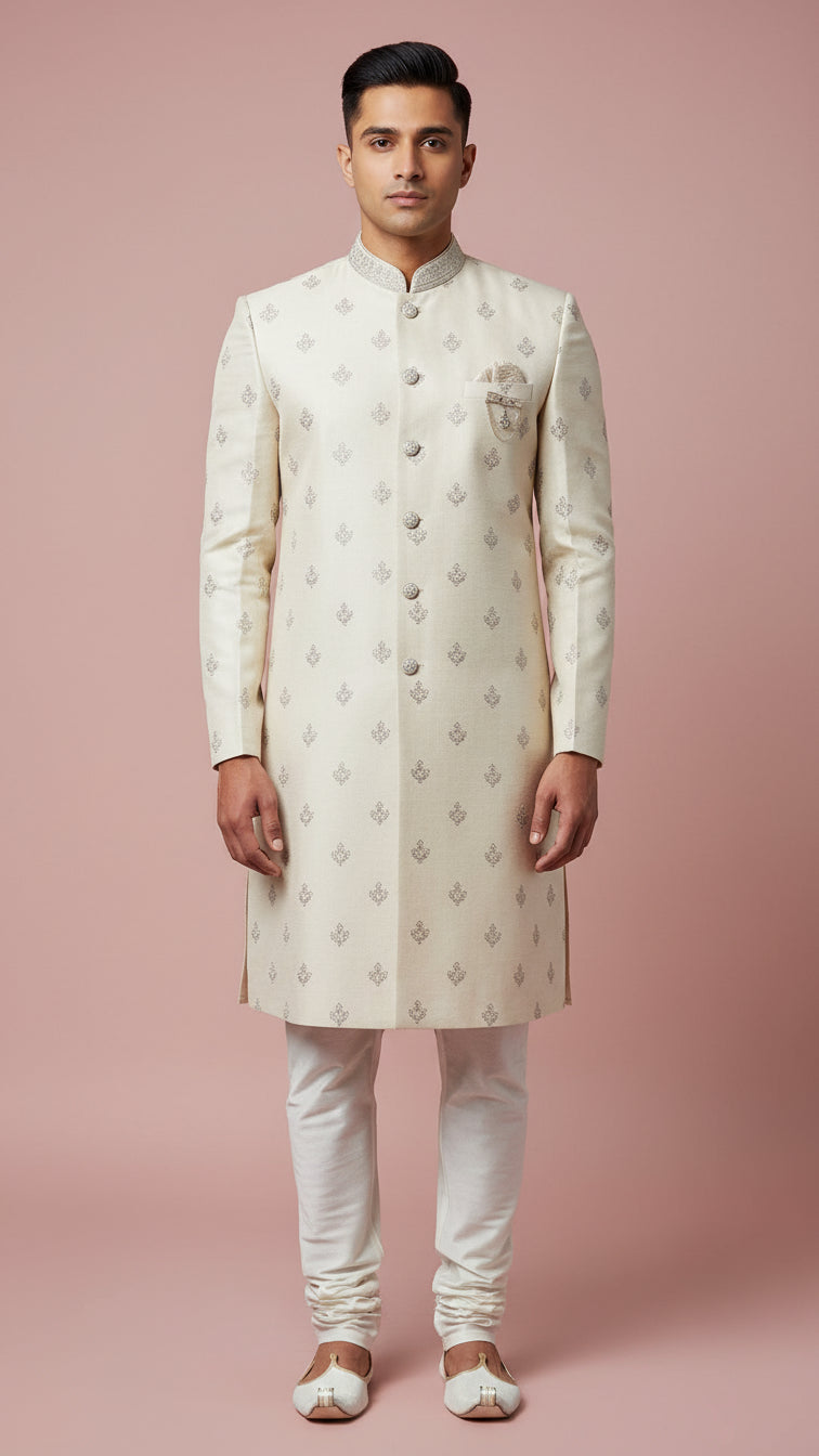 Ivory Textured Indo-Western Sherwani with Silver Thread Embroidery & Brooch Detail