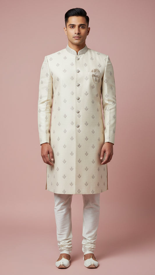 Ivory Textured Indo-Western Sherwani with Silver Thread Embroidery & Brooch Detail