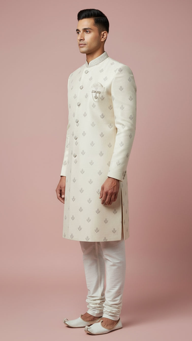 Ivory Textured Indo-Western Sherwani with Silver Thread Embroidery & Brooch Detail