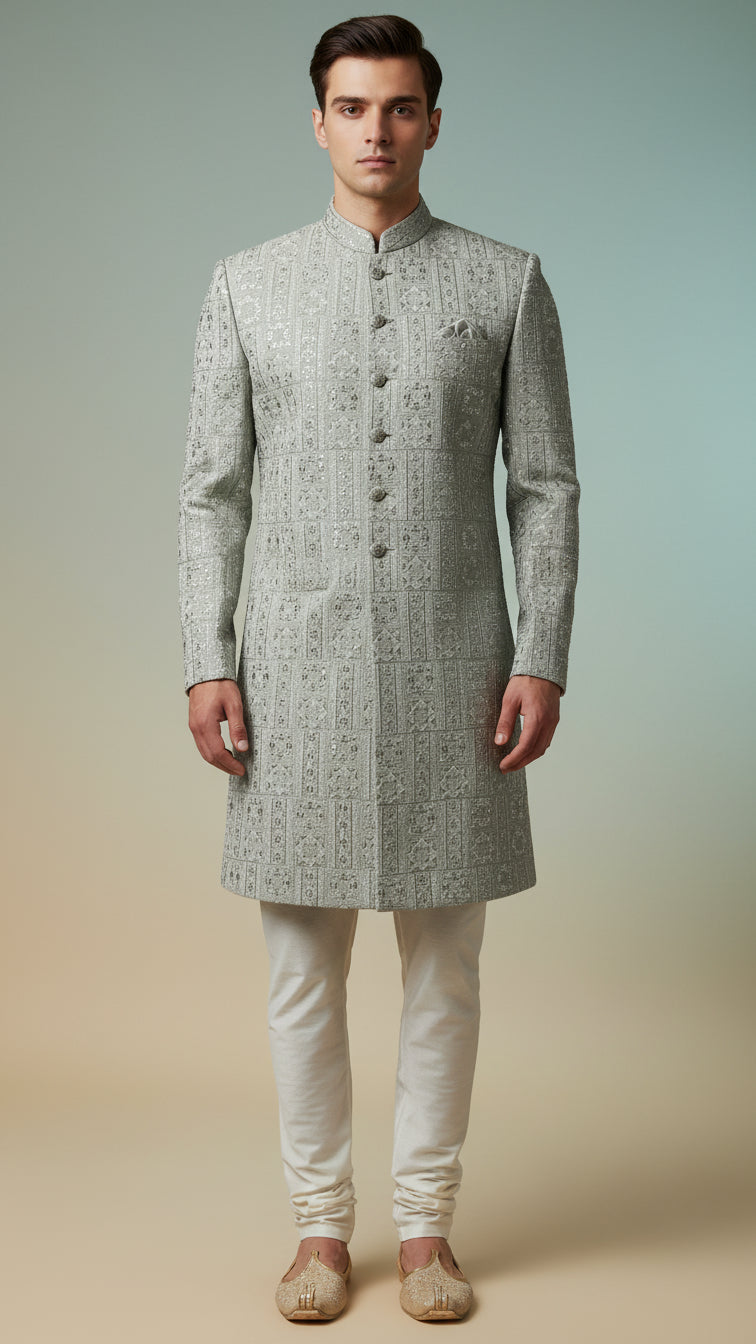 Pastel Silver-Grey Textured Indo-Western Sherwani with Intricate Threadwork