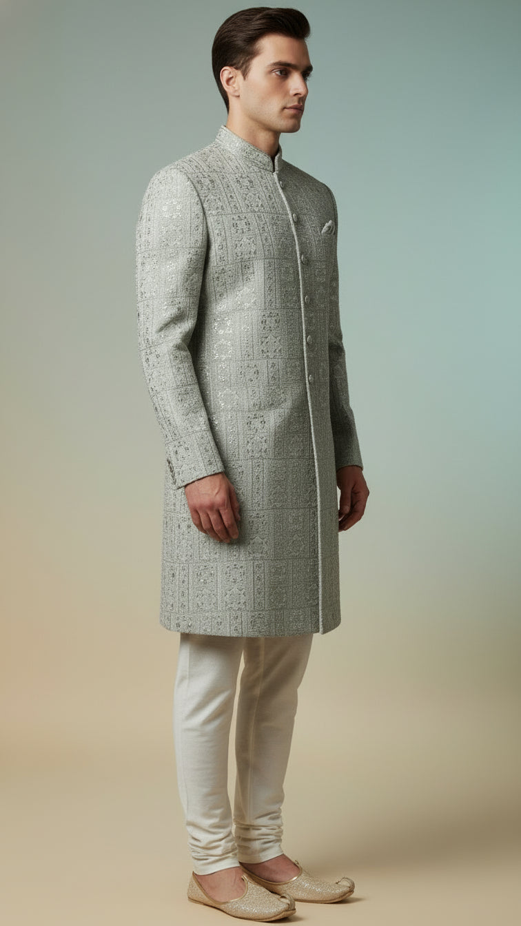 Pastel Silver-Grey Textured Indo-Western Sherwani with Intricate Threadwork