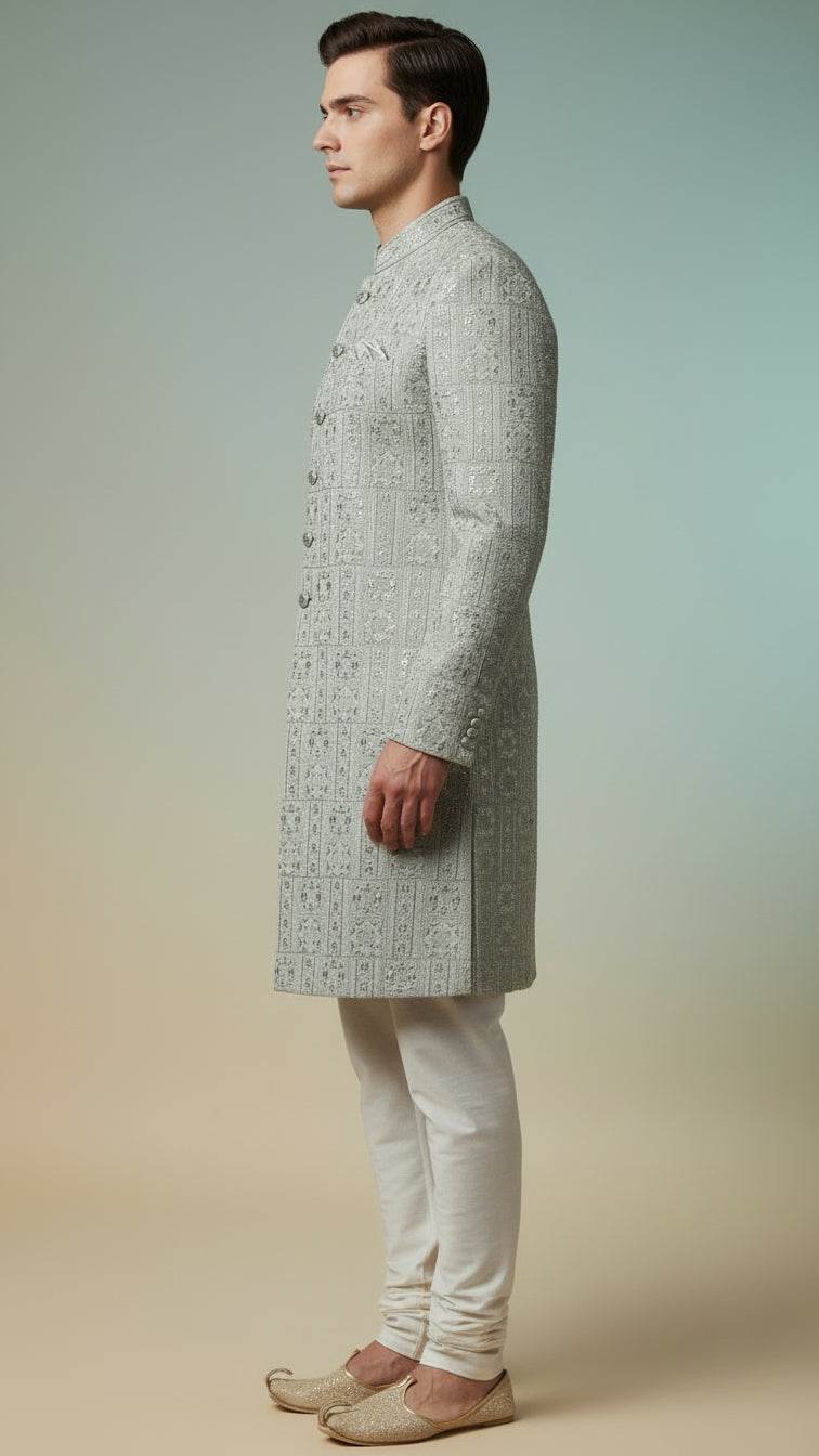 Pastel Silver-Grey Textured Indo-Western Sherwani with Intricate Threadwork