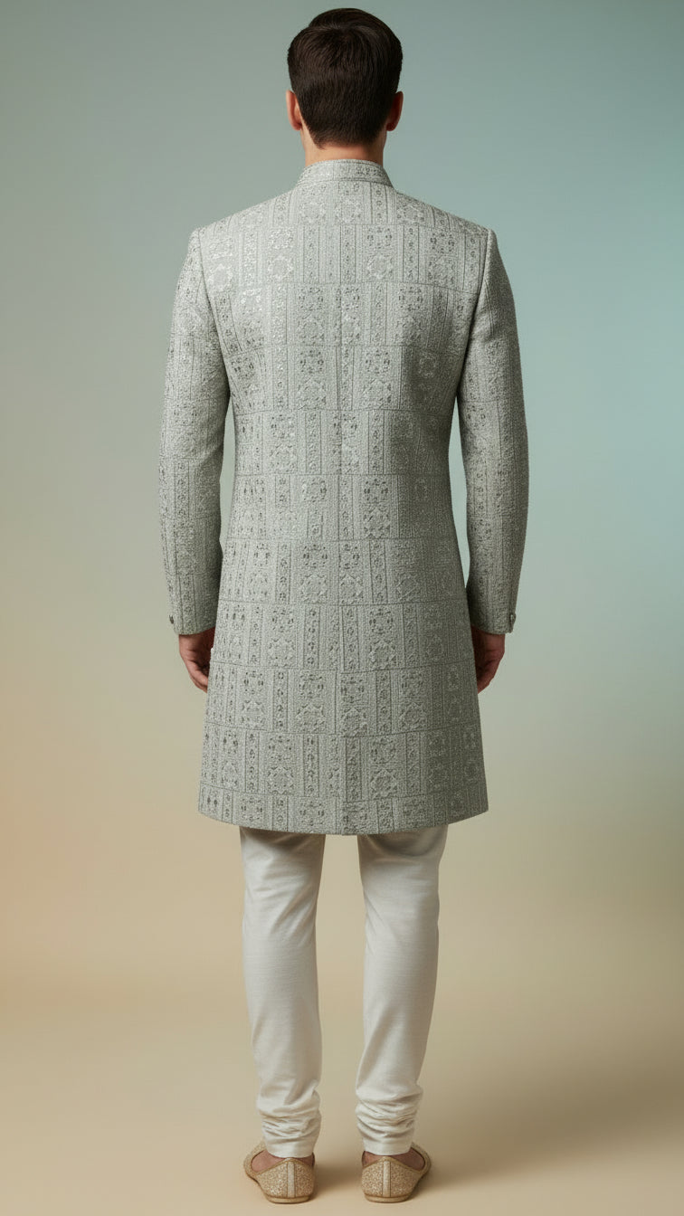 Pastel Silver-Grey Textured Indo-Western Sherwani with Intricate Threadwork