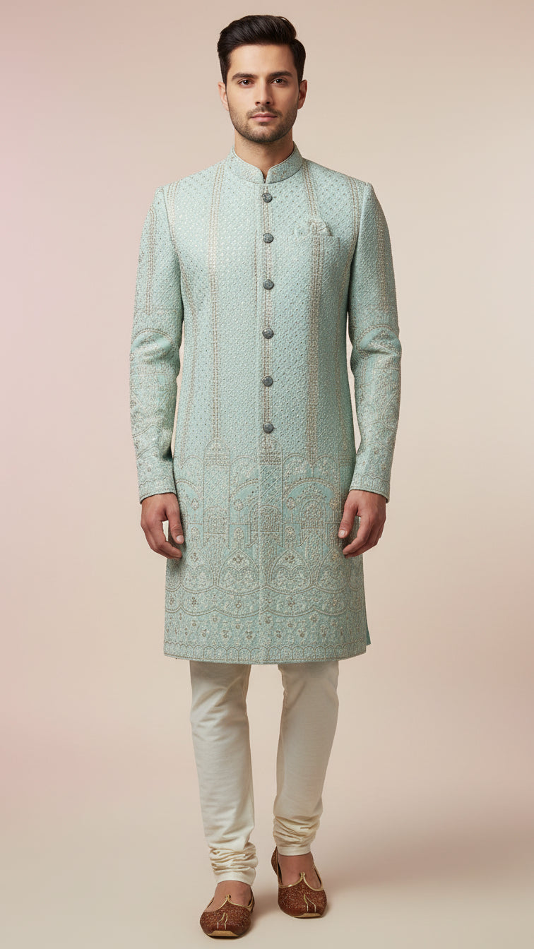 Mint Green Textured Indo-Western Sherwani with Vertical Embroidery & Architectural Motifs