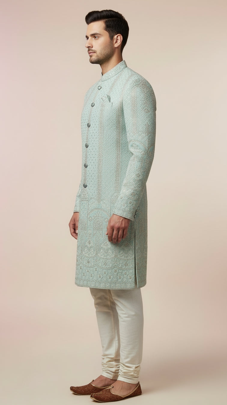 Mint Green Textured Indo-Western Sherwani with Vertical Embroidery & Architectural Motifs