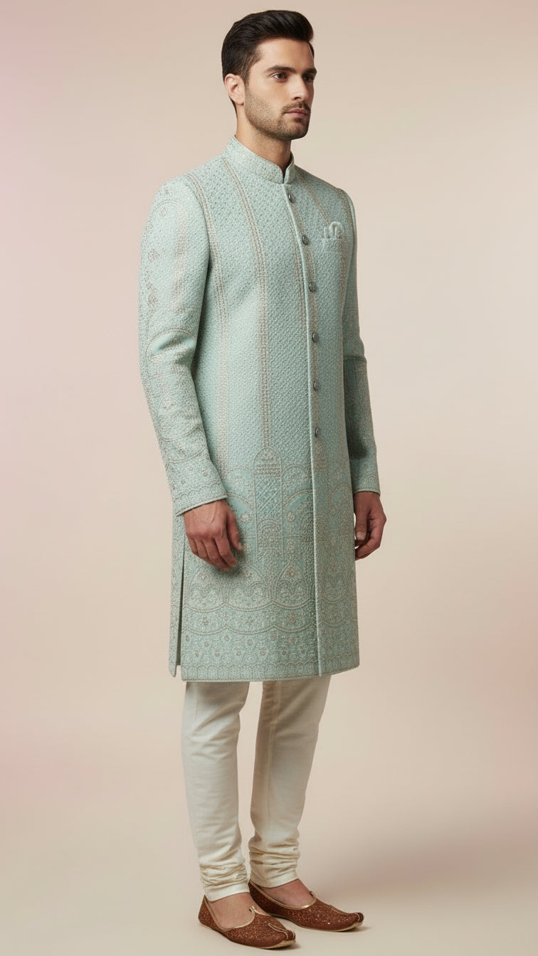 Mint Green Textured Indo-Western Sherwani with Vertical Embroidery & Architectural Motifs