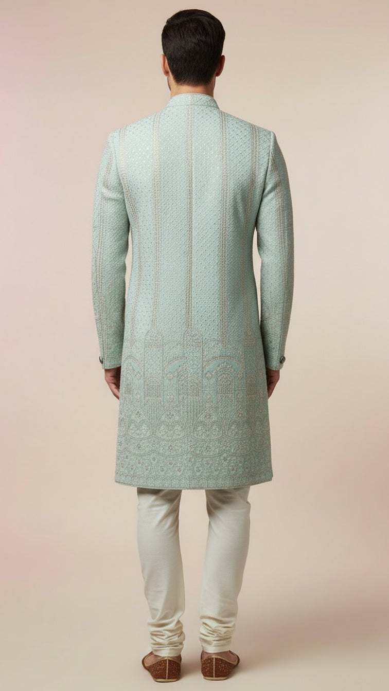 Mint Green Textured Indo-Western Sherwani with Vertical Embroidery & Architectural Motifs