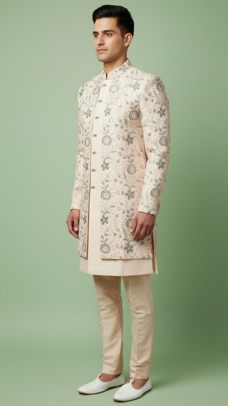 Peach Floral Embroidered Indo-Western Sherwani with Subtle Threadwork & Front Panel Detailing