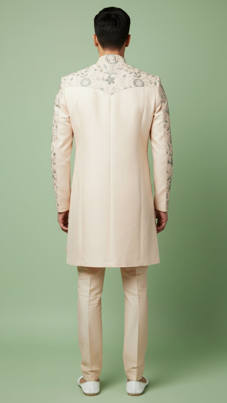 Peach Floral Embroidered Indo-Western Sherwani with Subtle Threadwork & Front Panel Detailing