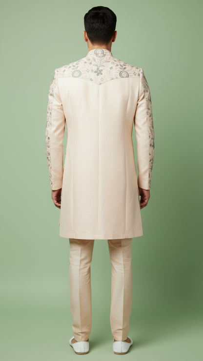 Peach Floral Embroidered Indo-Western Sherwani with Subtle Threadwork & Front Panel Detailing