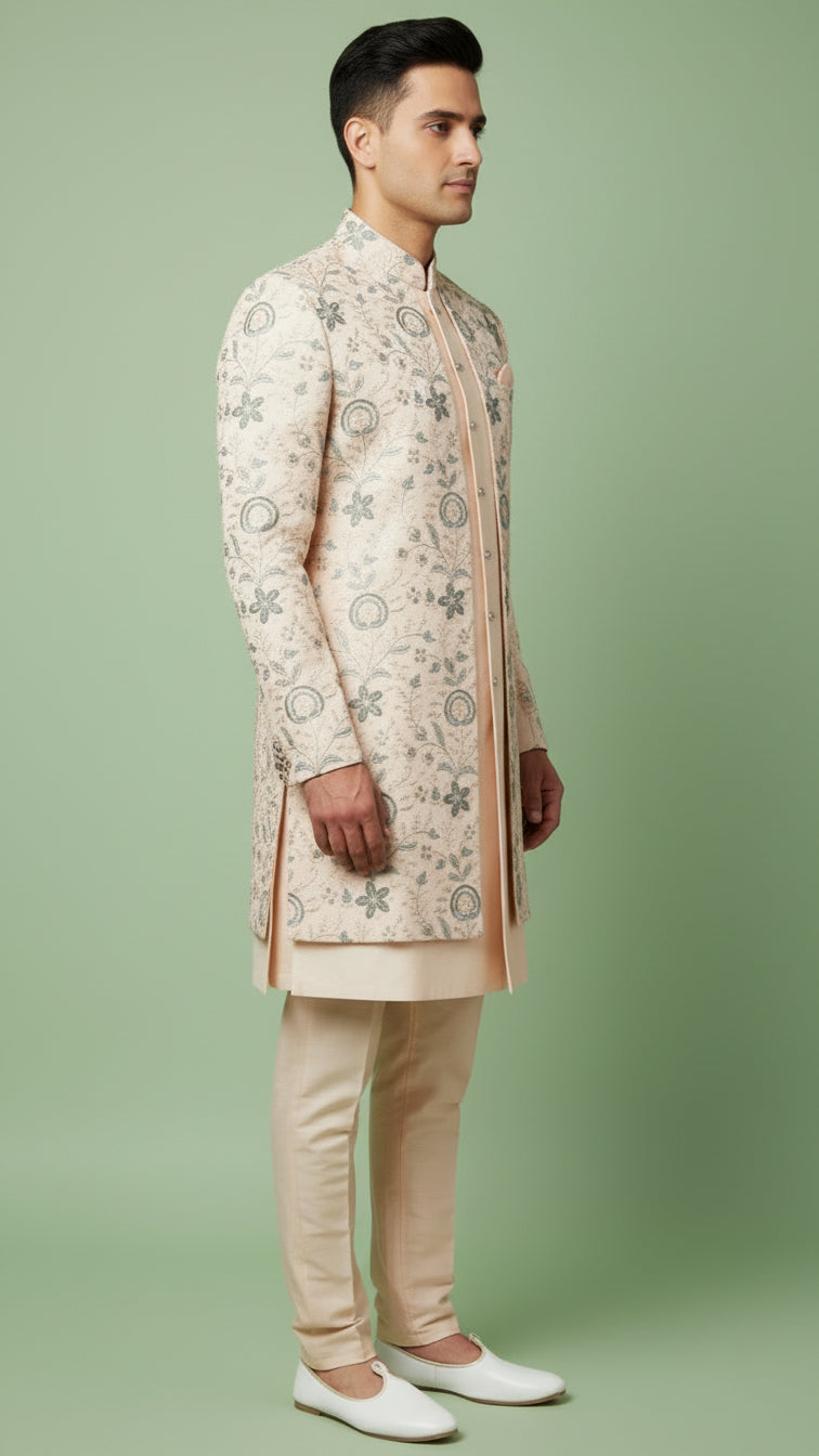 Peach Floral Embroidered Indo-Western Sherwani with Subtle Threadwork & Front Panel Detailing