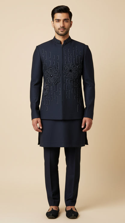 Navy Blue Thread-Embroidered Kurta Jacket Set