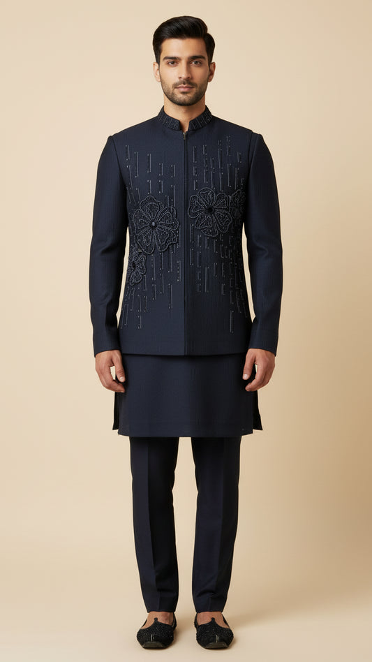 Navy Blue Thread-Embroidered Kurta Jacket Set