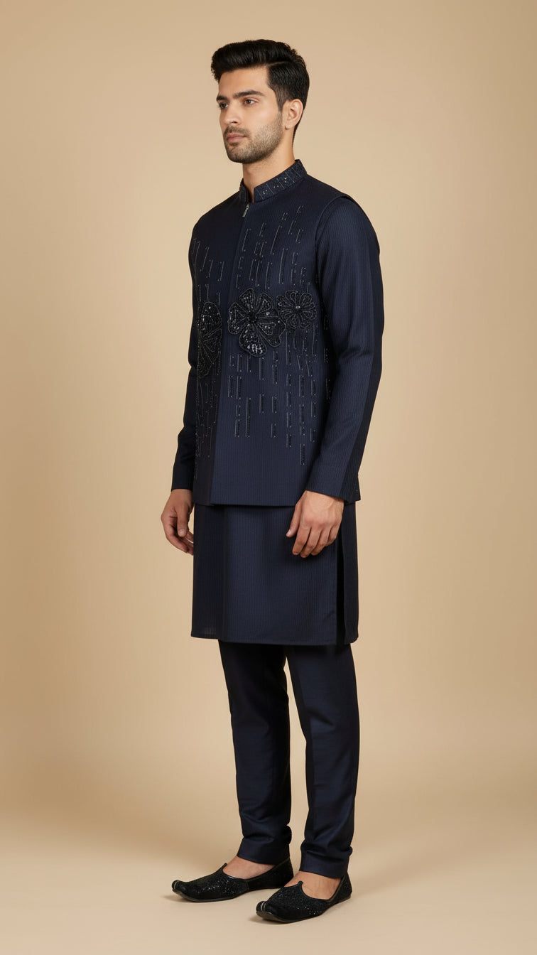 Navy Blue Thread-Embroidered Kurta Jacket Set
