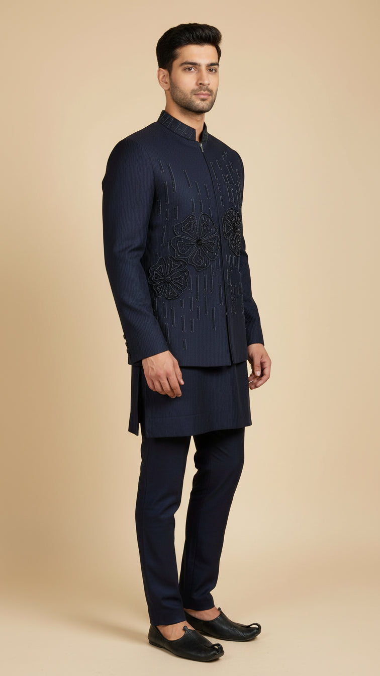 Navy Blue Thread-Embroidered Kurta Jacket Set