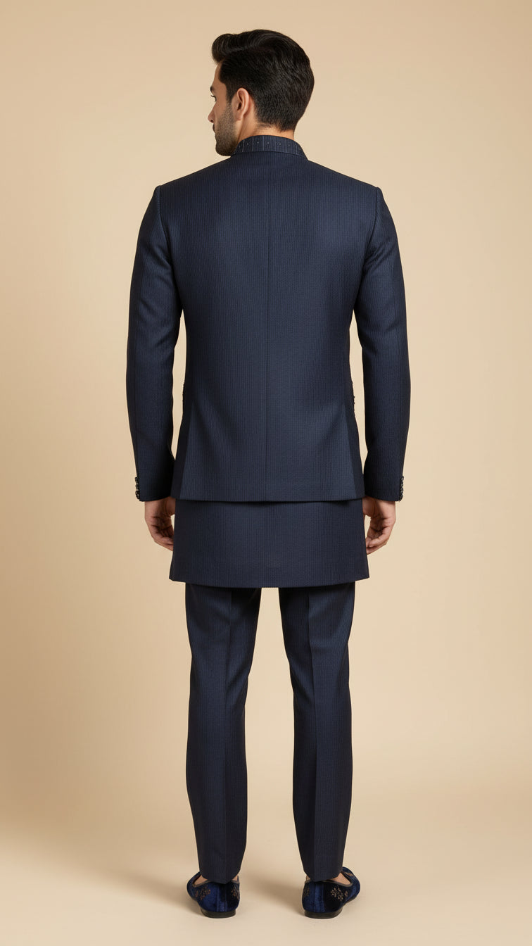Navy Blue Thread-Embroidered Kurta Jacket Set