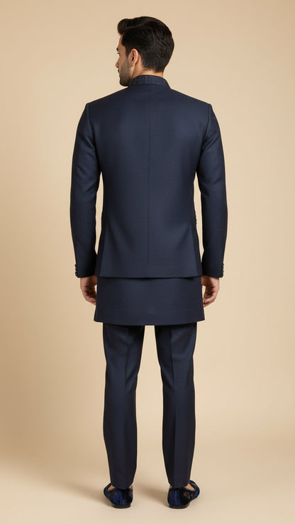 Navy Blue Thread-Embroidered Kurta Jacket Set