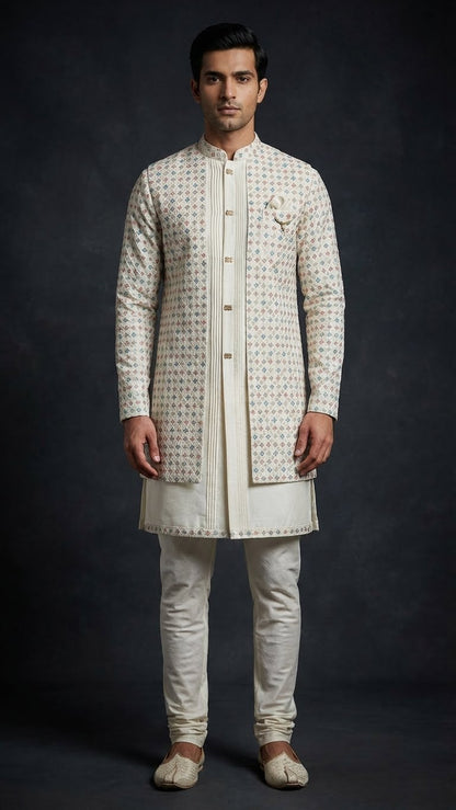 Ivory Printed Indo-Western Sherwani with Pleated Kurta & Straight Churidar