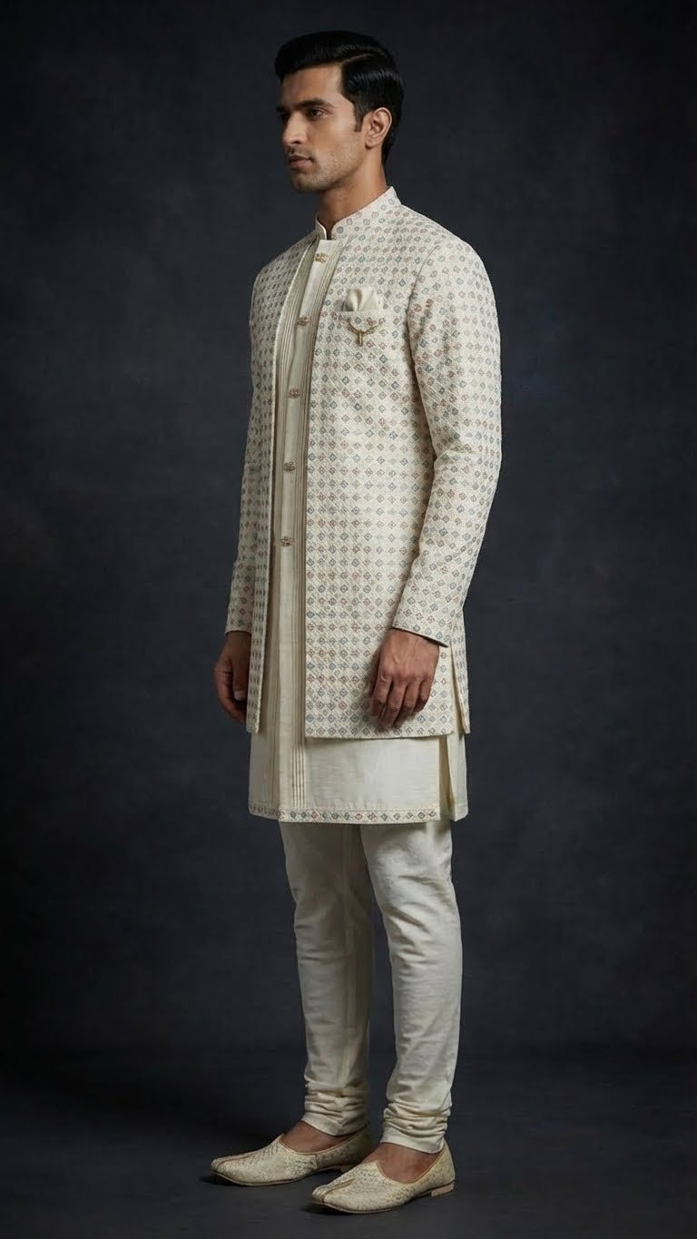 Ivory Printed Indo-Western Sherwani with Pleated Kurta & Straight Churidar