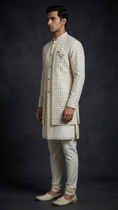 Ivory Printed Indo-Western Sherwani with Pleated Kurta & Straight Churidar