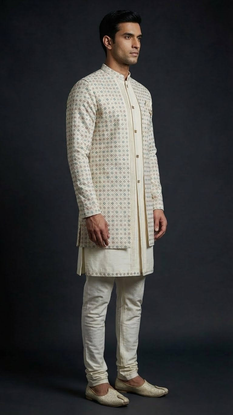 Ivory Printed Indo-Western Sherwani with Pleated Kurta & Straight Churidar
