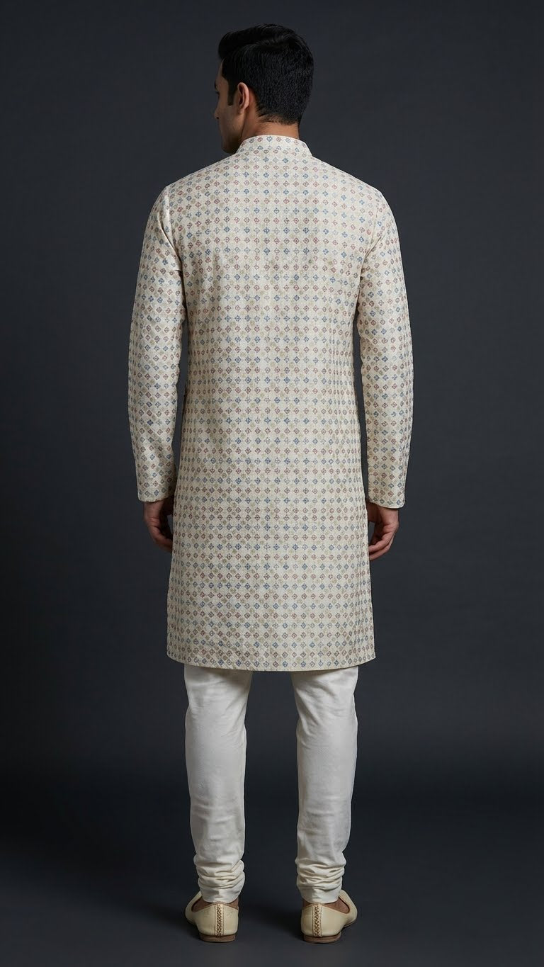 Ivory Printed Indo-Western Sherwani with Pleated Kurta & Straight Churidar