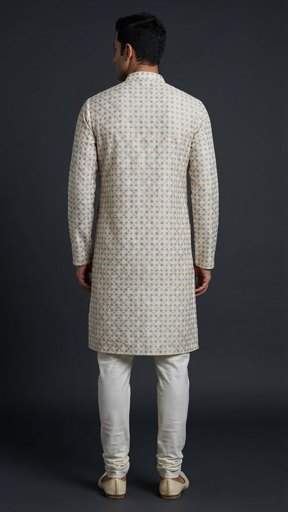 Ivory Printed Indo-Western Sherwani with Pleated Kurta & Straight Churidar