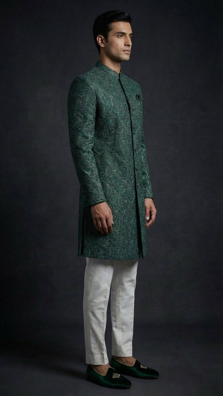 Emerald Green Textured Indo-Western Sherwani with Ivory Trousers