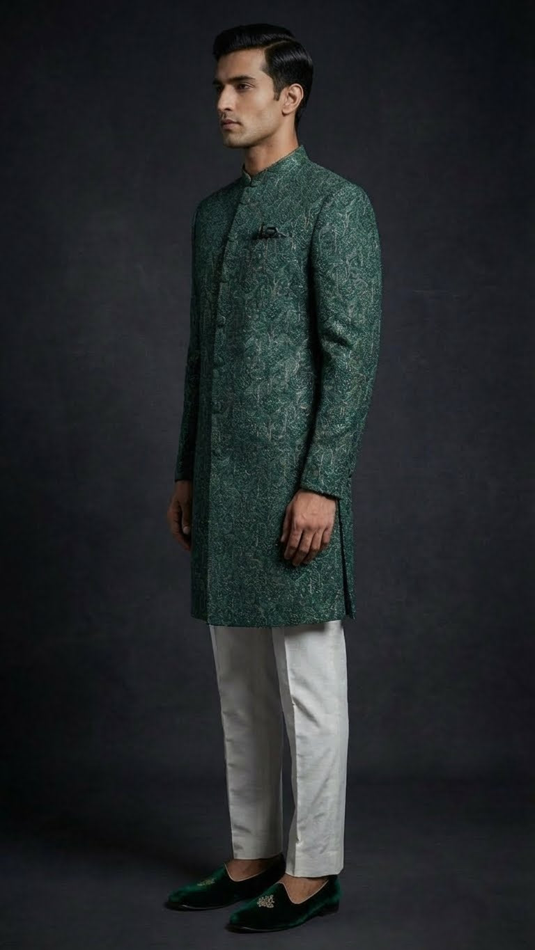 Emerald Green Textured Indo-Western Sherwani with Ivory Trousers