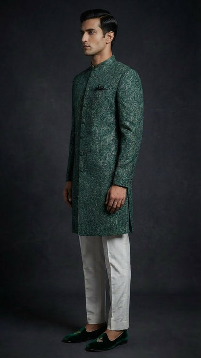 Emerald Green Textured Indo-Western Sherwani with Ivory Trousers