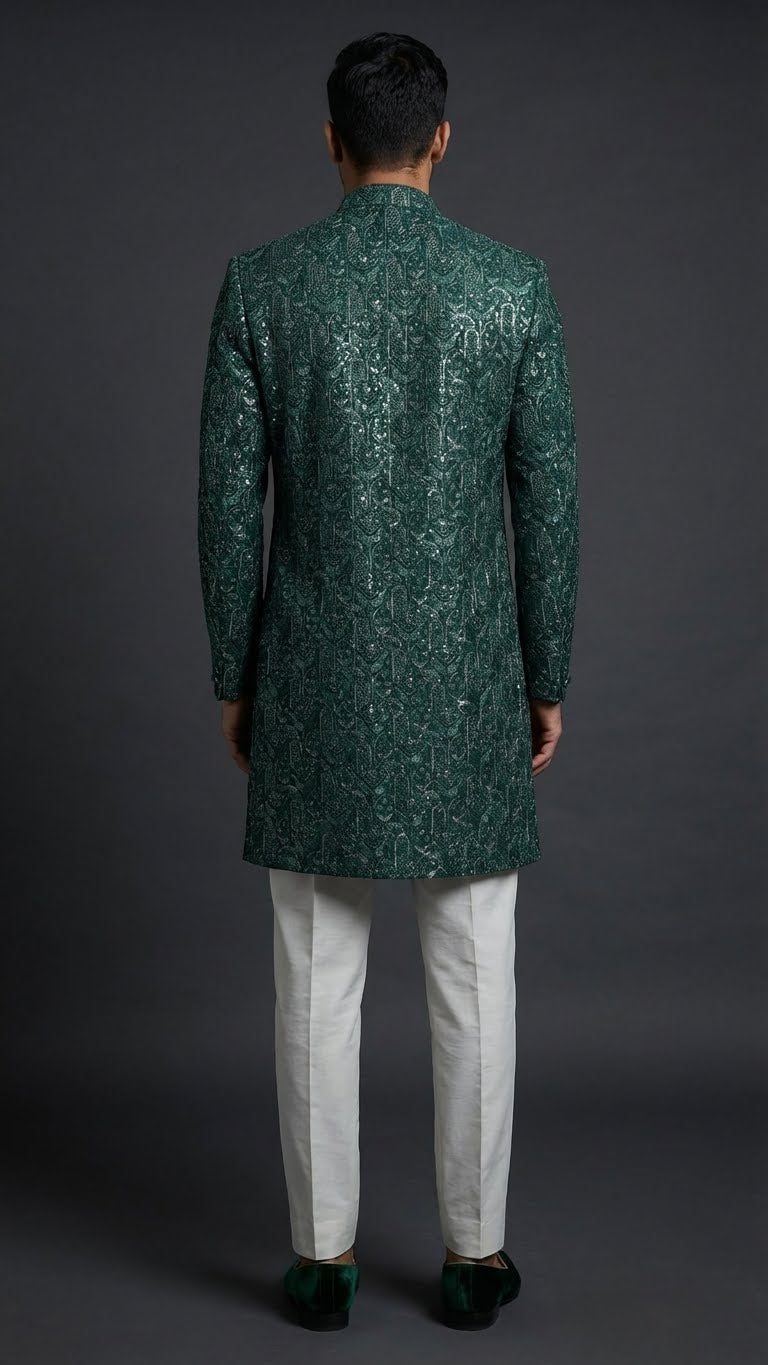 Emerald Green Textured Indo-Western Sherwani with Ivory Trousers