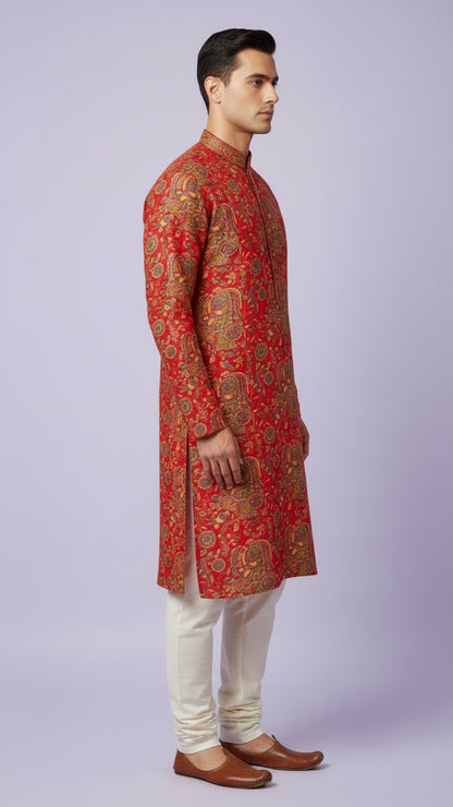 Red Banarasi Brocade Kurta Set with Intricate Paisley Weave