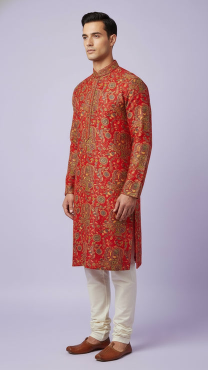 Red Banarasi Brocade Kurta Set with Intricate Paisley Weave