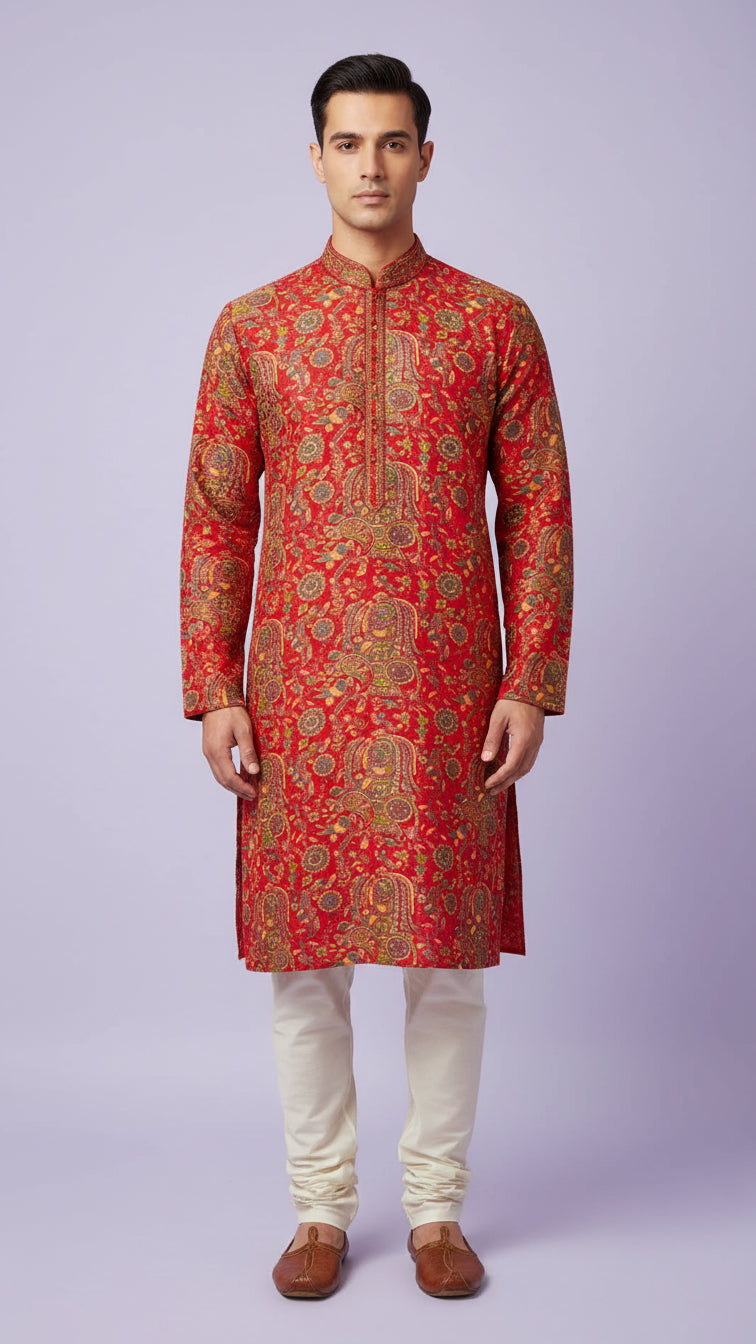 Red Banarasi Brocade Kurta Set with Intricate Paisley Weave