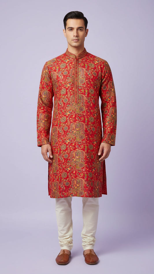 Red Banarasi Brocade Kurta Set with Intricate Paisley Weave