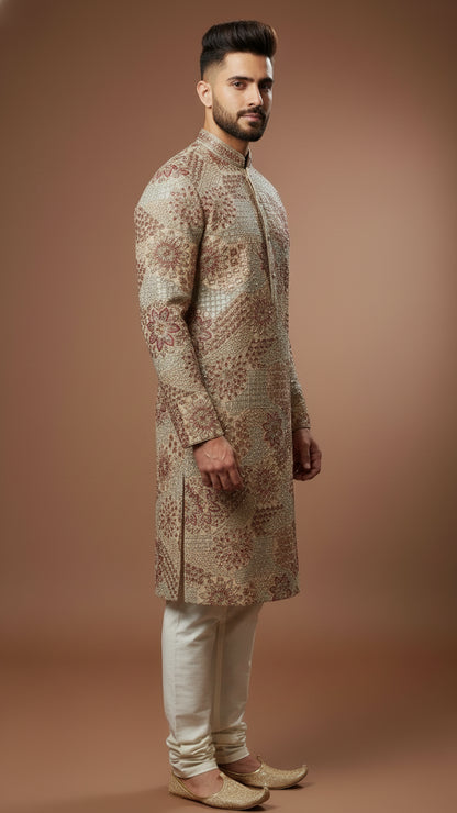 Beige Textured Brocade Kurta Set with Floral & Geometric Weave