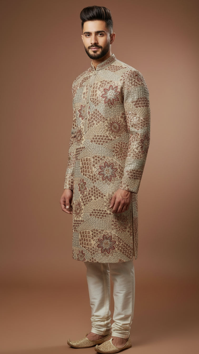 Beige Textured Brocade Kurta Set with Floral & Geometric Weave