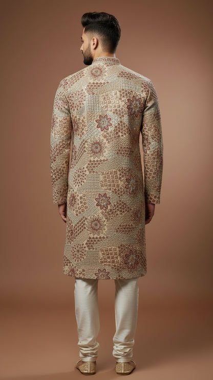 Beige Textured Brocade Kurta Set with Floral & Geometric Weave