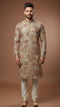 Beige Textured Brocade Kurta Set with Floral & Geometric Weave