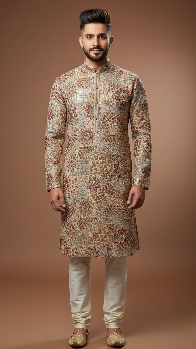 Beige Textured Brocade Kurta Set with Floral & Geometric Weave