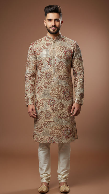 Beige Textured Brocade Kurta Set with Floral & Geometric Weave