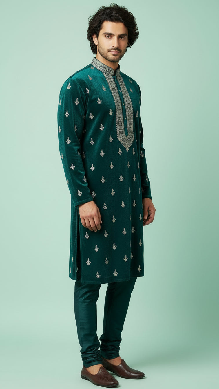 Emerald Green Velvet Embroidered Kurta Set with Intricate Neck Detailing